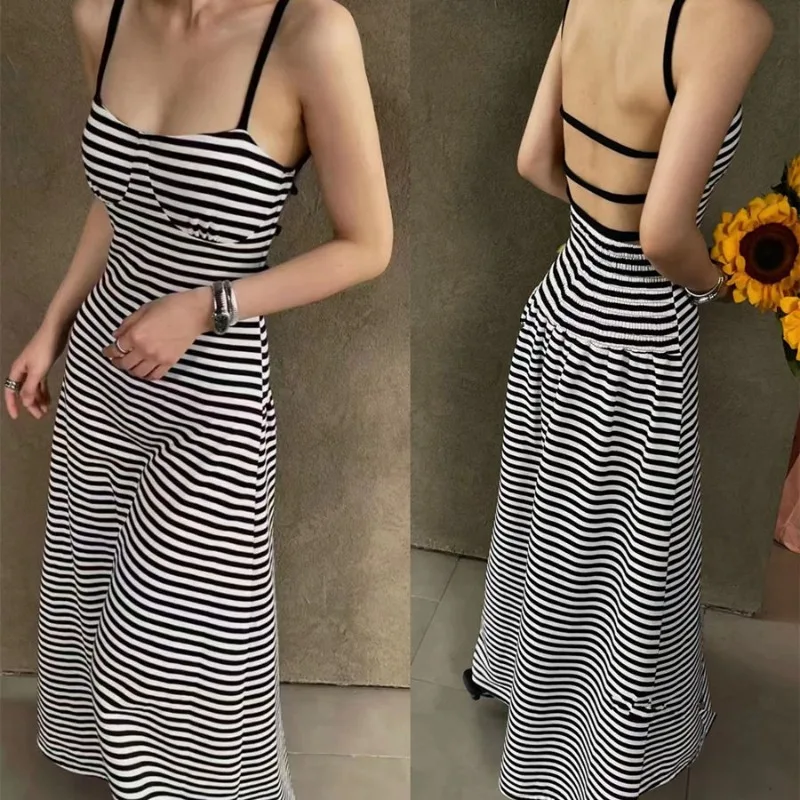 

Shpmishal Korean Fashion Contrasting Striped Sexy Suspender Dress for Women's Summer New A-line Long Dresses Female Clothing