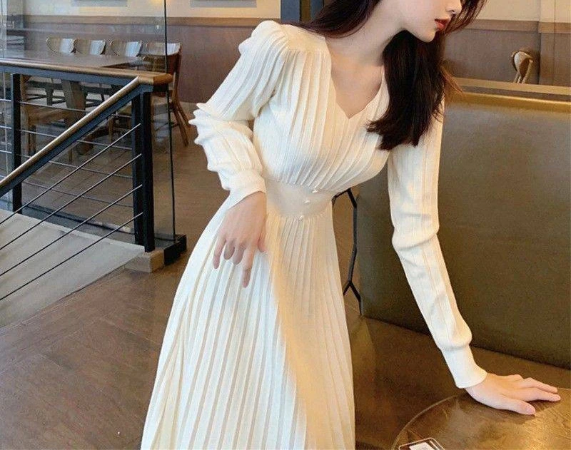 

White Knitted Inner Dress Women's Autumn Winter Wear Match Coat Sweater Skirt Bottom Medium Long Thickened