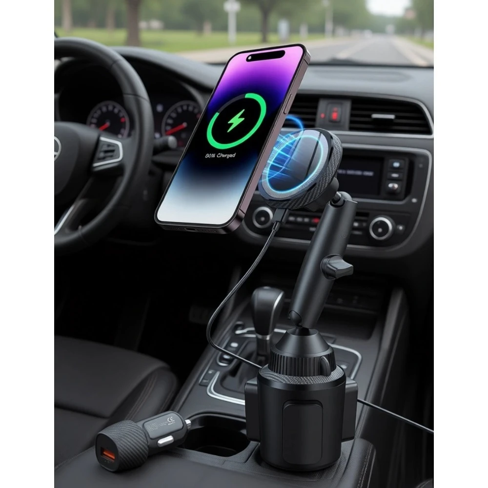 

Cup Holder Wireless Magnetic Car Charger 15W Fast Charging Phone Mount with Cooling and 30W PD Adapter