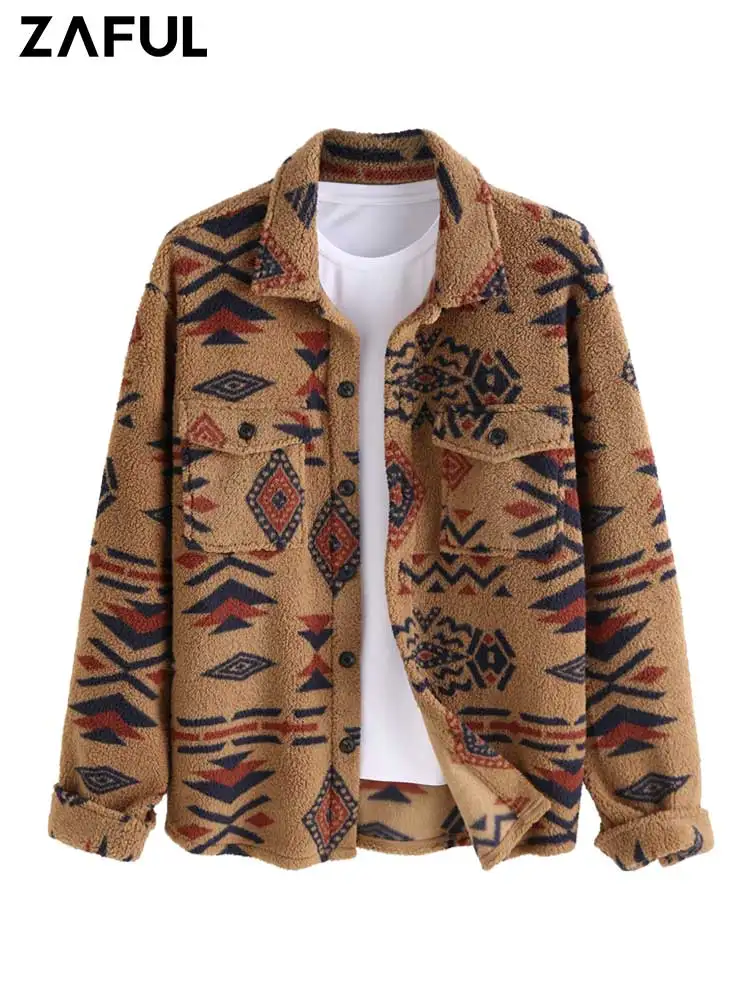 ZAFUL Polar Fleece Fluffy Men\'s Jacket Ethnic Aztec Geometric Printed Jackets Winter High Stretch Streetwear Outerwear Z5075191