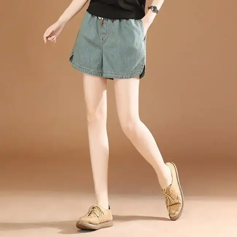 Shorts jeans soltos casuais para mulheres no verão, ajuste fino, emagrecimento, versátil, fenda de perna larga, calças tendência vintage