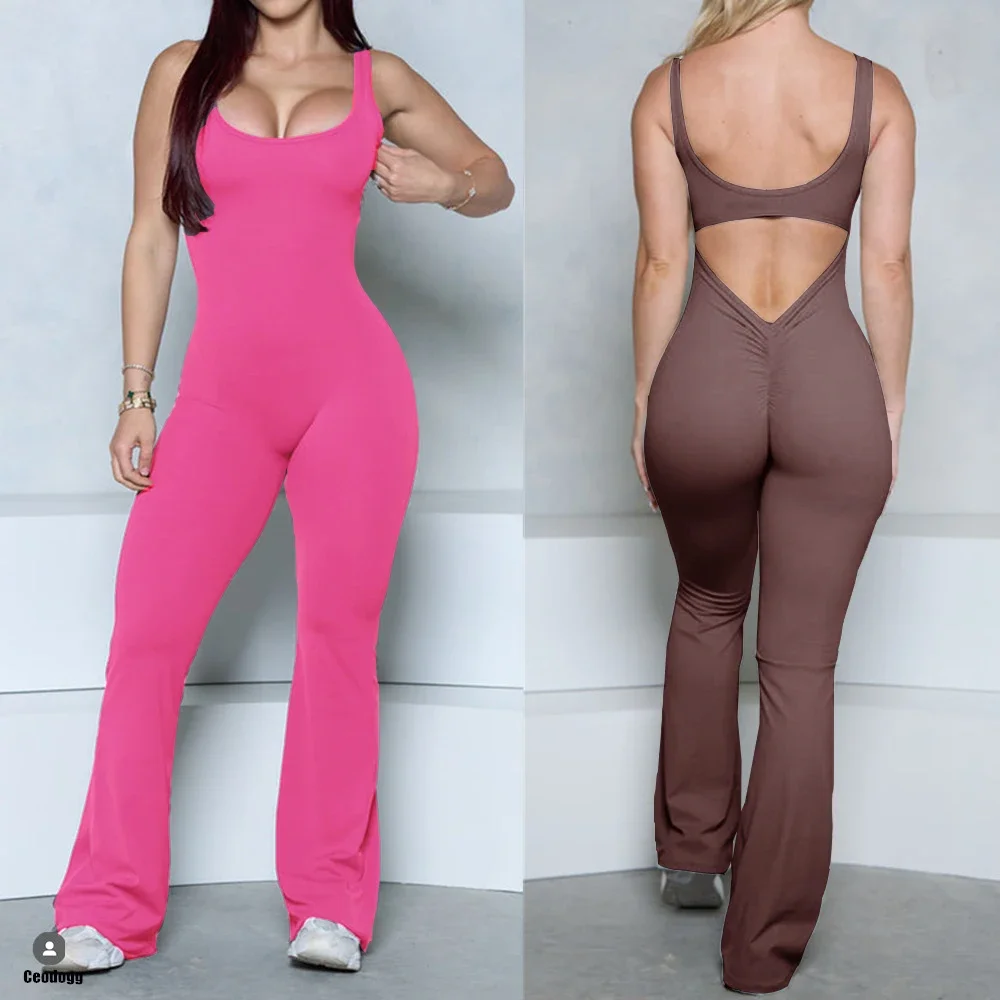 XS-XL New Pad Women Gym Yoga Set Sports Rompers Sexy Back Fitness Workout Pant Flare Leggings One Piece Jumpsuit Active Wear