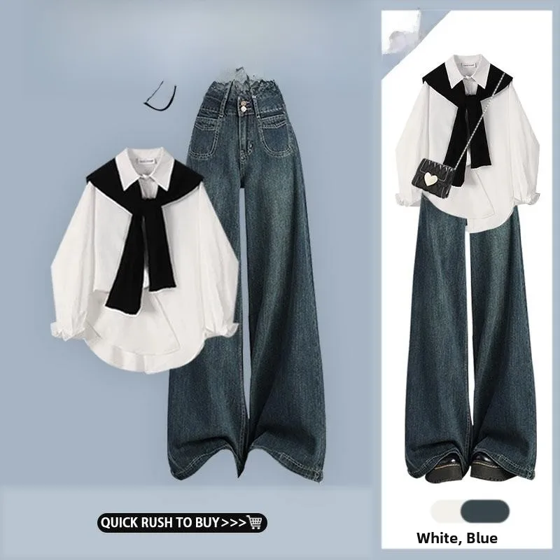 

Retro Hong Kong Sle College Wind irt Women Casual Top High Waist Distred Jeans Wide Leg Pants Tee Piece Set