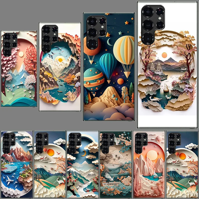 Paper Cuttings Mountains and Rivers Clear Case for Samsung Galaxy S24 S22 Ultra S23 S21 S20 FE Capa Phone Cover S10 S9 S8 Plus S