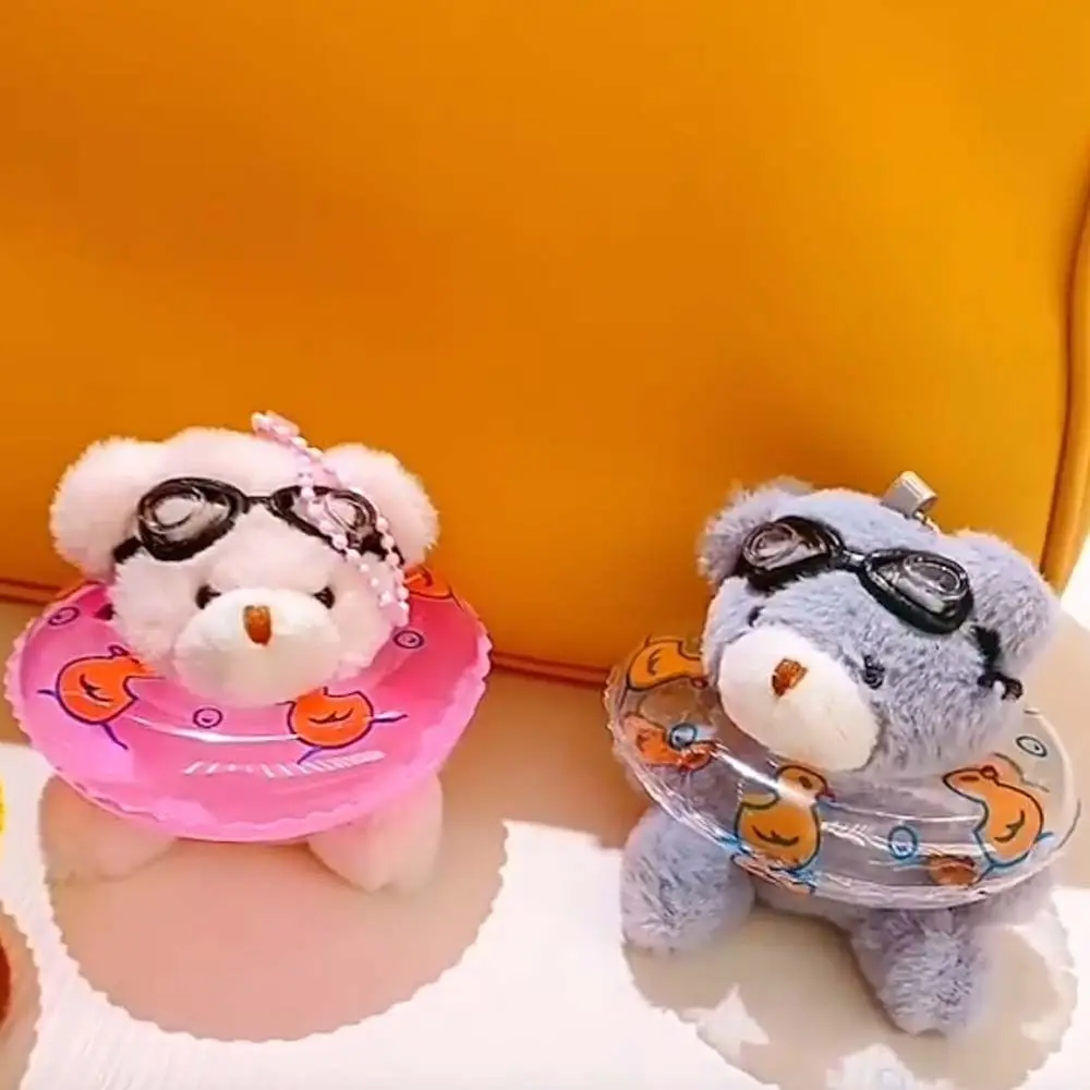 Kawaii PVC Swimming Bear Keychain Stuffed Cartoon Goggles Animal Pendant Duck Printed Transparent Plush Bear Key Ring Couple