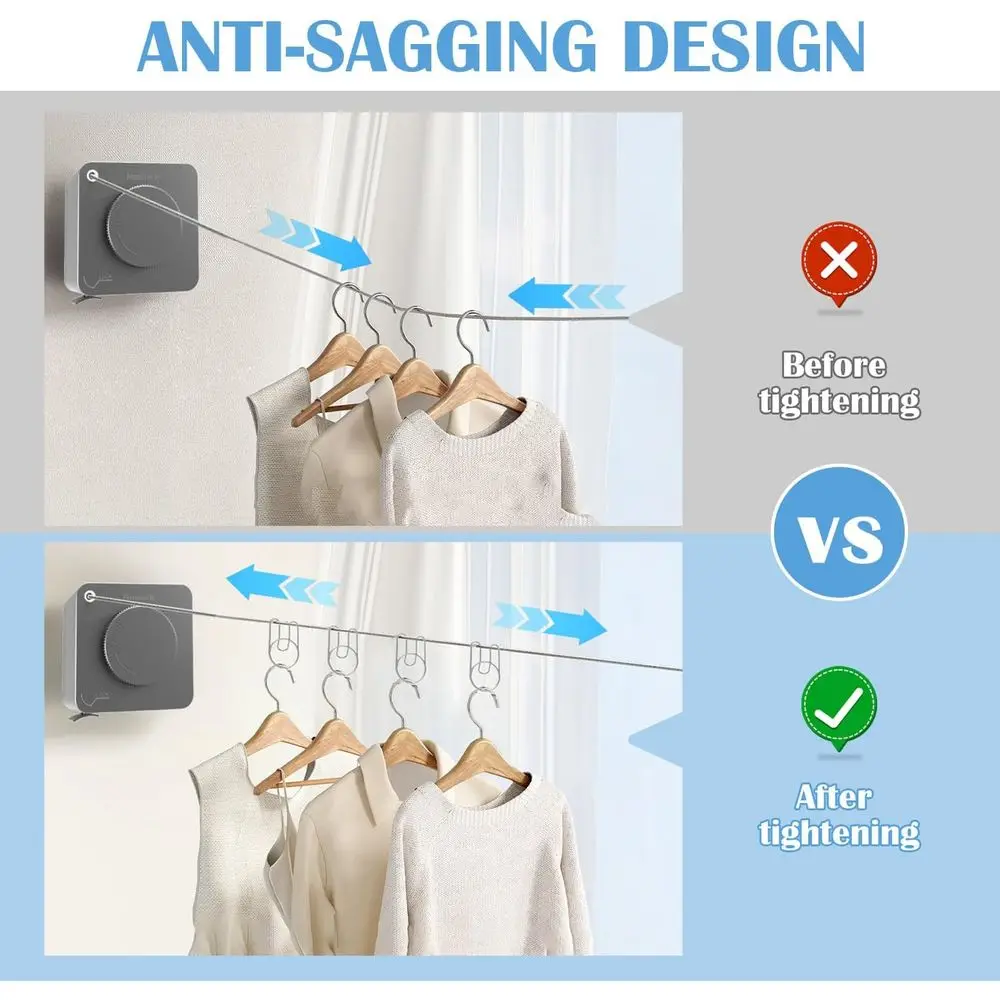 Indoor/Outdoor Retractable Clothesline, 15.7ft Heavy-Duty Laundry Line, Wall-Mounted, Square-Grey