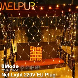 Impermeável Net LED String Lights, Festival, Decoração de Natal, Ano Novo, Festa de Casamento, 8 Modos, 220V, 1.5x1.5m, 3x2m