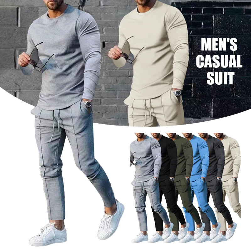 

Men's Sportswear Two-piece Fashion Casual Round Neck Long-sleeved T-shirt Lace-up Trousers Simple Solid Color Autumn Suit