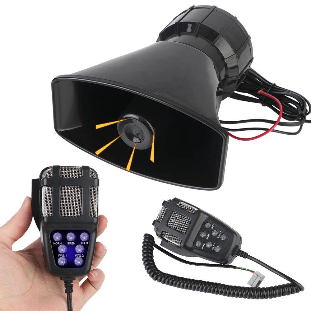 

Car Warning Alarm Megaphone 120DB Loud 12V 100W Police Siren Air Horn Speaker Multi-tone & Claxon Horn Car Horn Button backlight
