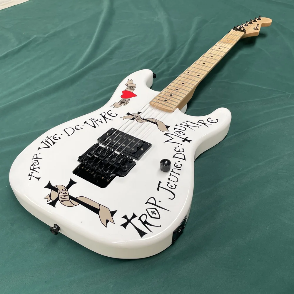 White 6-string electric guitar, with high gloss finish, guitar solo, double tremolo and double coil pickups