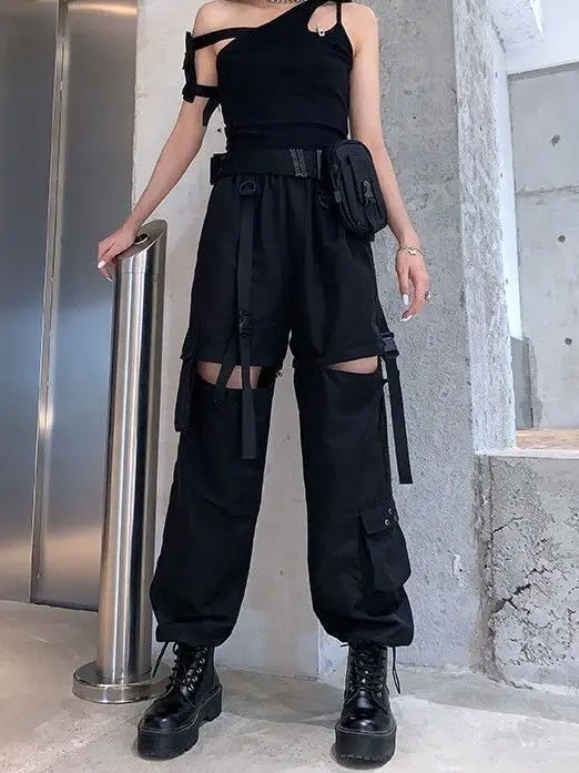 Korean Style Detachable Trousers for Women Loose Straight Leg Casual Pants Student Slimming Cargo Trousers Asymmetrical Design