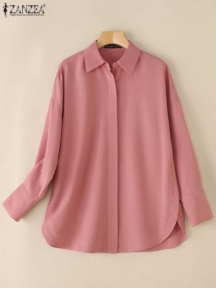 

ZANZEA Elegant Split Shirts Fashion Long Sleeve Tops 2025 Women Casual Loose Lapel Neck Tunics Solid Blusas OL Work Cardigans