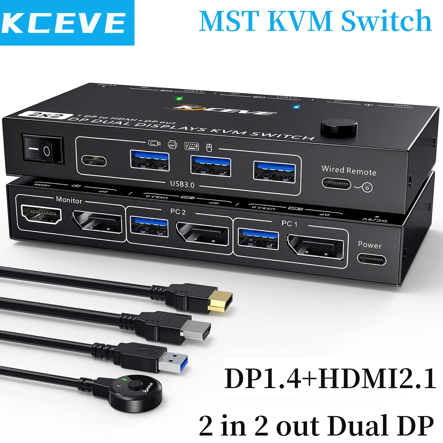 

KCEVE Dual Monitor DP 1.4 KVM Switch 4K@60Hz for 2 Computers DP1.4 KVM Switch 2 in 2 Out Backnward Compatible DP1.2 with DP+UBS