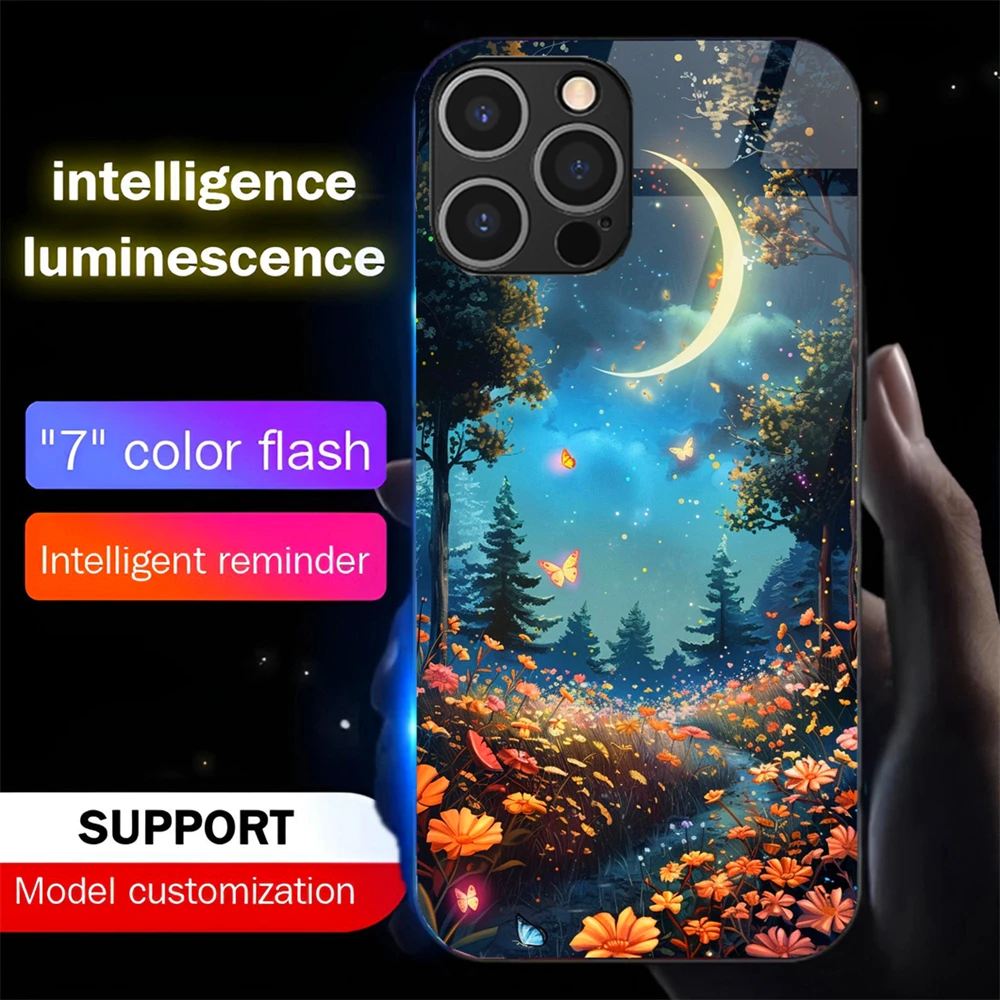 

Pretty Dreamy Forest LED Light Glow Luminous Tempered Glass Back Phone Case For iPhone 16 E 15 14 13 12 11 Pro Max X XS XR Plus