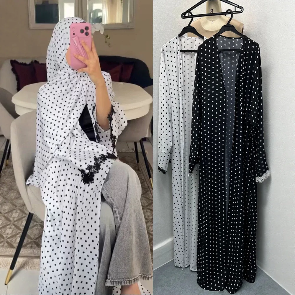 Abaya Women Lace Dresses Cardigan Robe Dot Print Abayas Eid Muslim Ramadan Morocco Dubai Kaftan Islam Vestidos Jalabiya Caftan
