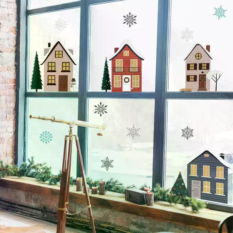 Christmas Houses Window Stickers Removable Self-adhesive Double Sided Snowflakes Xmas Tree Wall Glass Decals For Home Decoration