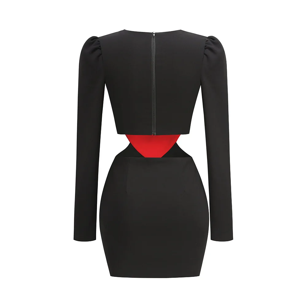 High Quality Women Long Sleeve Sexy Keyholes Red Heart Bodycon Mini Dress Celebrity Red Carpet Nightclub Party Celebrate Dress