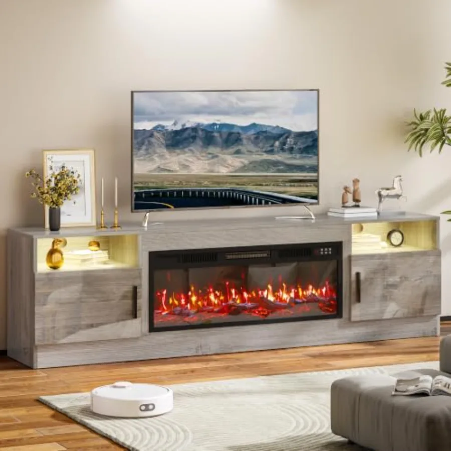 Fireplace TV Stand for TVs up to 36, Electric Fireplace 750W/1500W Entertainment Center, Gray High Gloss MDF Cabinet with 20-Co