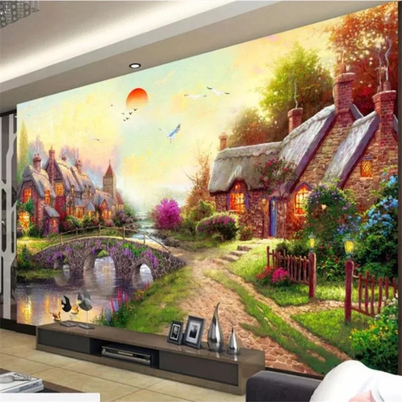 Custom wallpaper 3d murals at the foot of the woods in the painting oil painting landscape scenery creek living room wallpaper