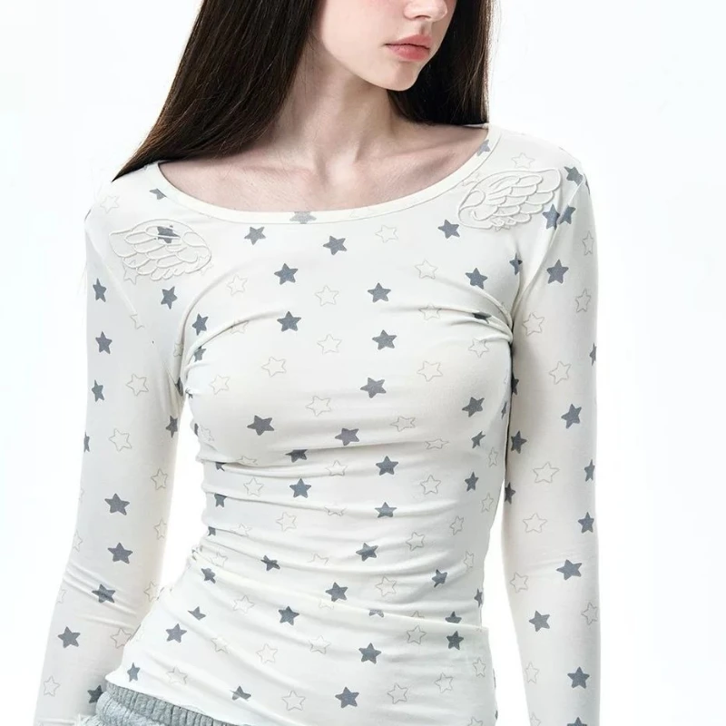 

Y2k Aesthetic Star Printing Casual T-Shirts Women Wing Embroidery Slim Fit Tshirt 2025 Autumn Harajuku Grunge Vintage T-shirt