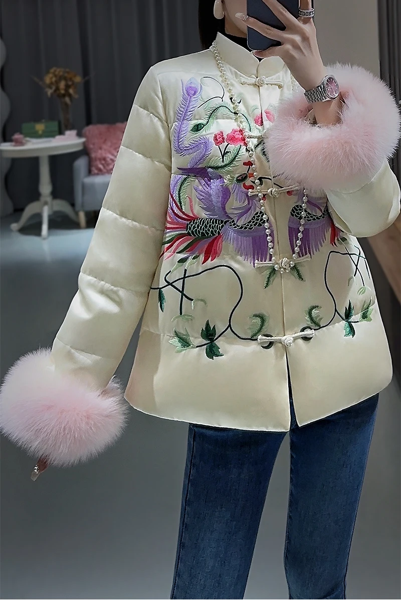 Chinese Style Women\'s Winter Retro Phoenix Embroidery+Fox Fur Spliced Cuffs Acetate Fabric White Duck Down Jacket S-XXL