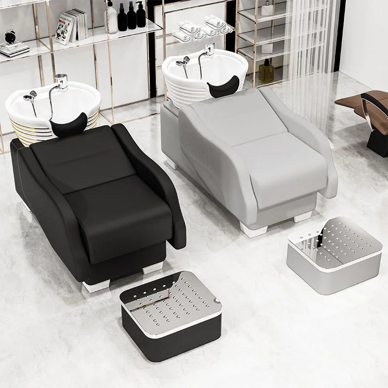 

Green Salon Shampoo Chair with Foot Stand Ceramic Shampoo Bowls Sink and Chairs Hair Salon Wash Chairs for Barber Shop