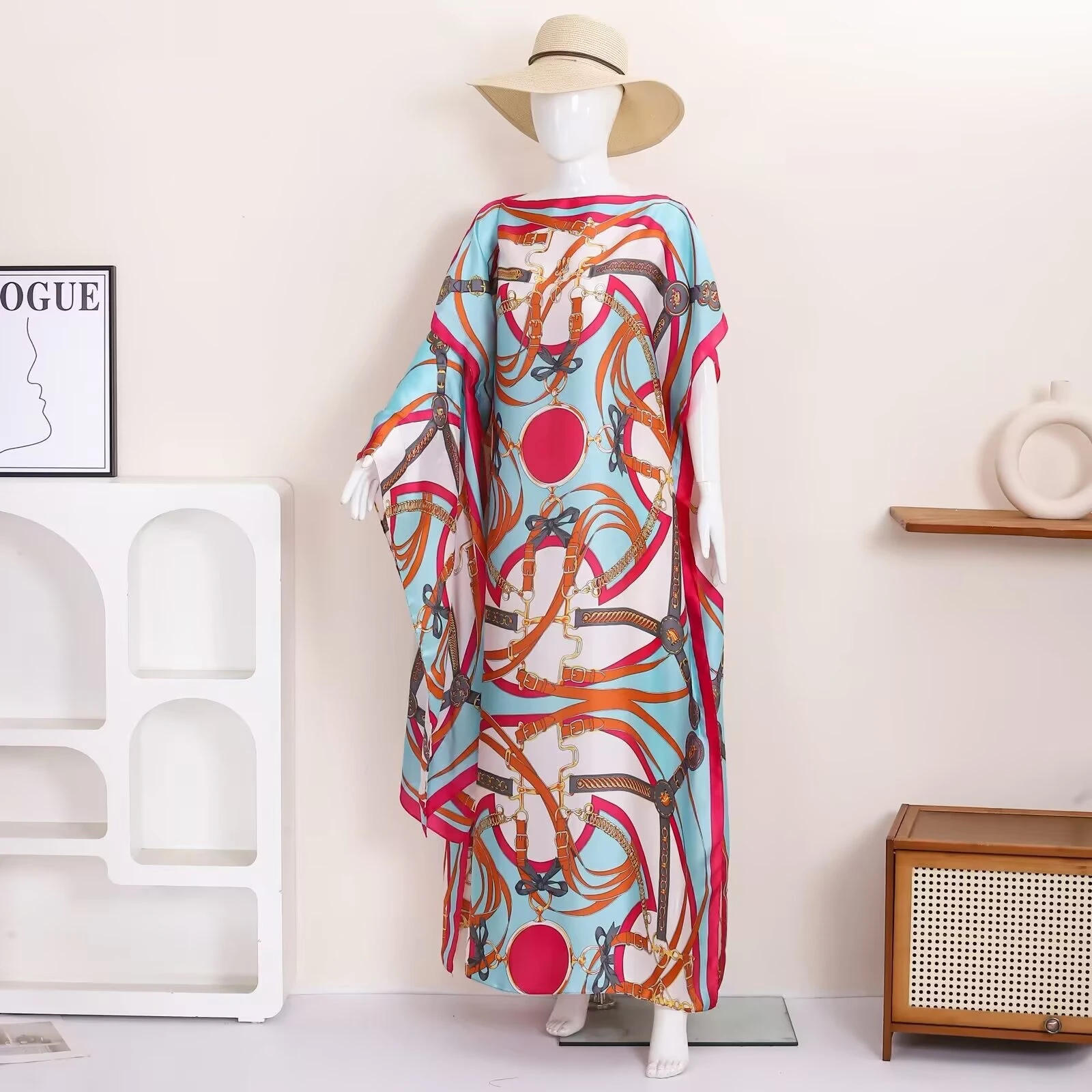 1J piece retro chain print satin robe women's loose bat sleeve holiday beach blouse long casual dress view 4