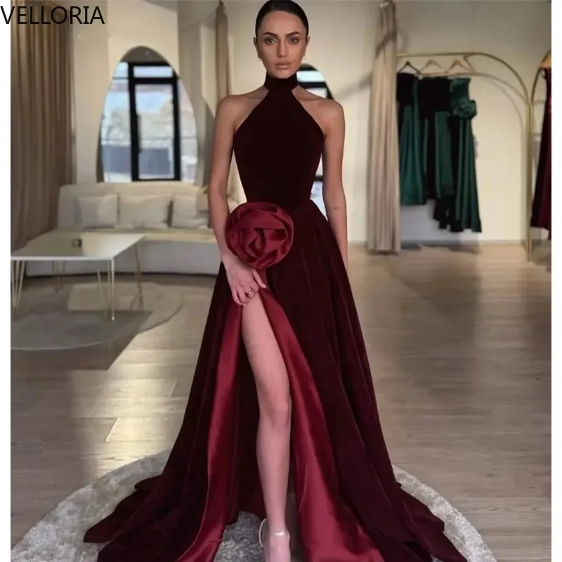 

Elegant Burgundy A-line Evening Dress O-neck 3D Flowers Long Velvet Satin Prom Gown Party Dress Vestdos De Fiesta Customized