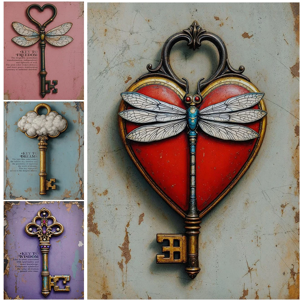 Magic Key To Wisdom,Freedom And Dreams,Fantasy Vintage Wall Art Canvas Painting,Dark Academia Poster Print,Home Decor Unframed