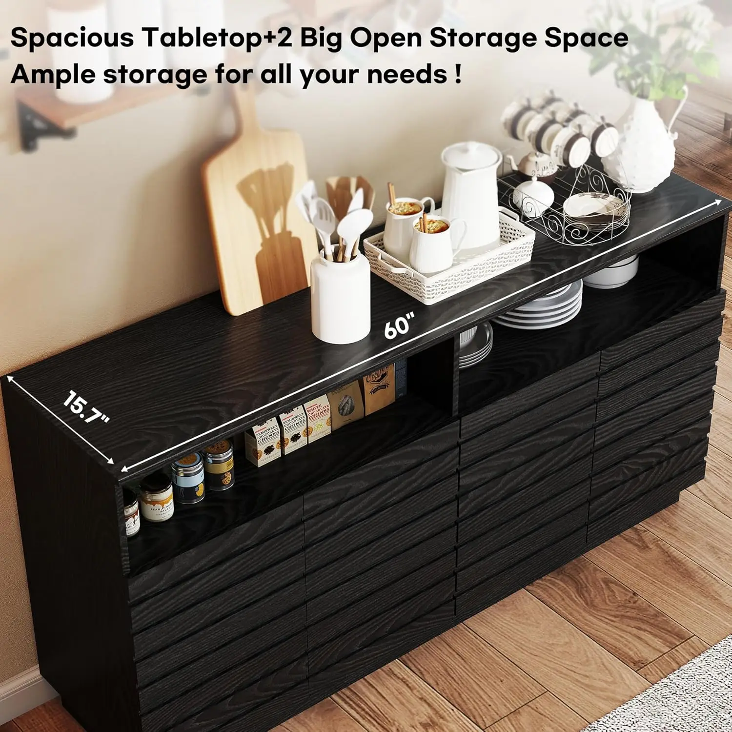 Credenza nera da 60' con luci a LED e ante scanalate, ripiani regolabili, mobile bar per soggiorno