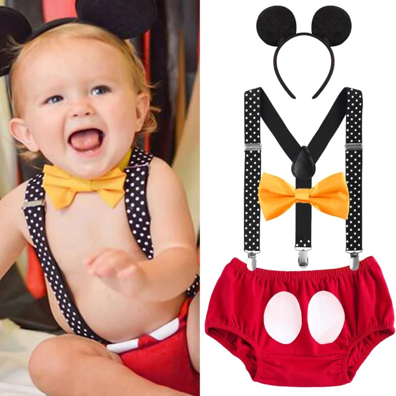 Baby Boys First Birthday 1st/2nd/3rd Costume Cake Smash Outfits Y Back Suspenders Bloomers Bowtie Set Mouse Ear cosplay anime