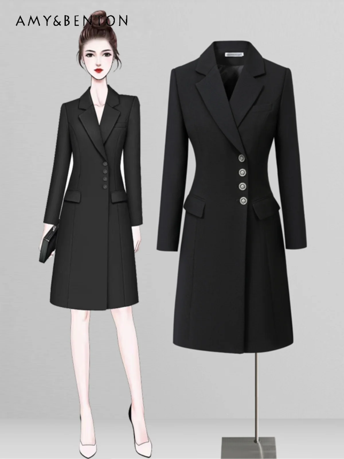 

High-End Single-Breasted Business Suit Dress Women Spring Autumn Elegant Slim Work Clothes Office Lady All-Matching A-line Dress