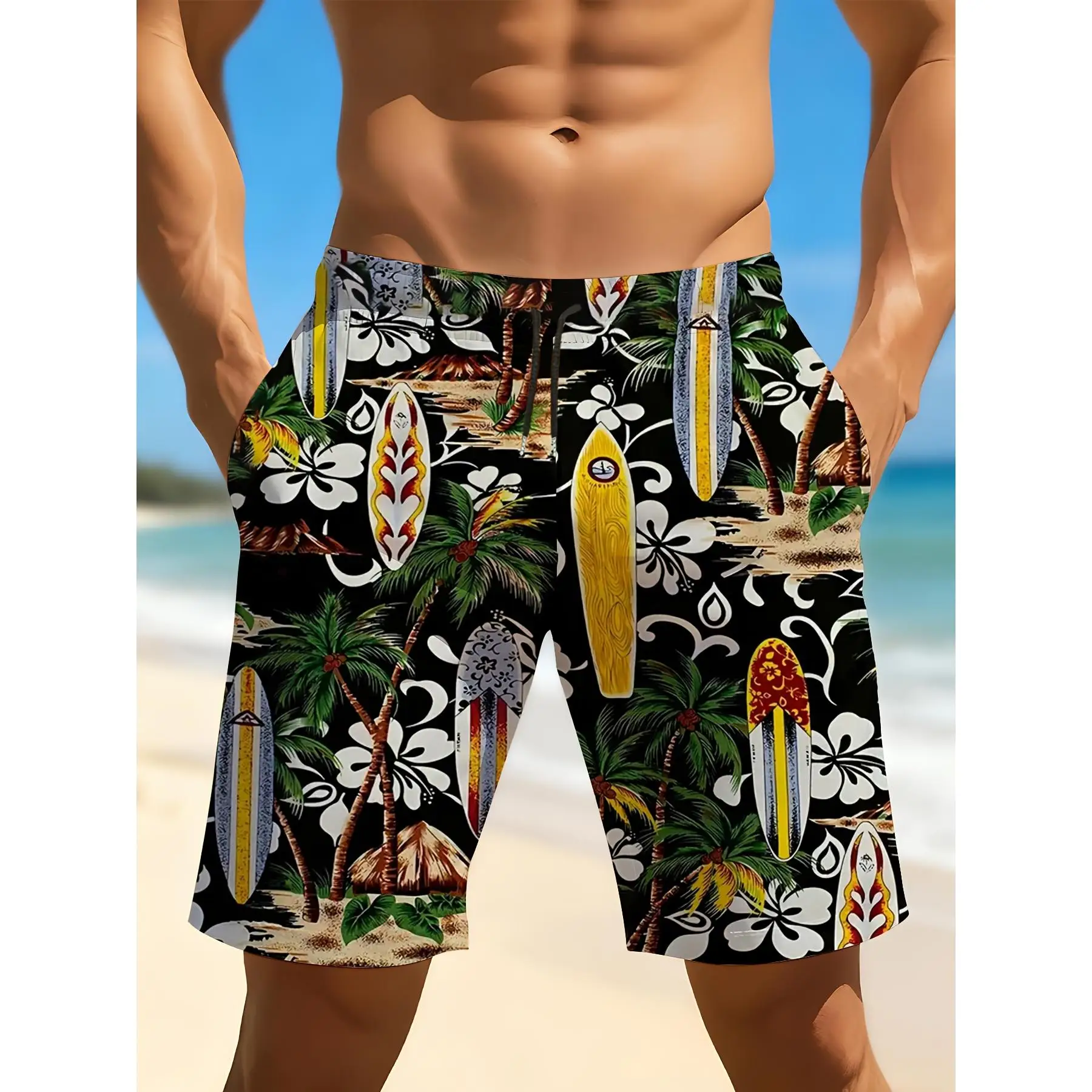 

Vintage Casual Surf Pattern Beach Shorts Quick-Dry Lightweight Summer Shorts with Pockets and Adjustable Drawstring