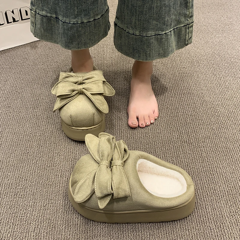 Pantofole alla moda da donna con suola spessa, a forma di fiocco, in pile, calde, alla moda, versatili, comode, antiscivolo e traspiranti