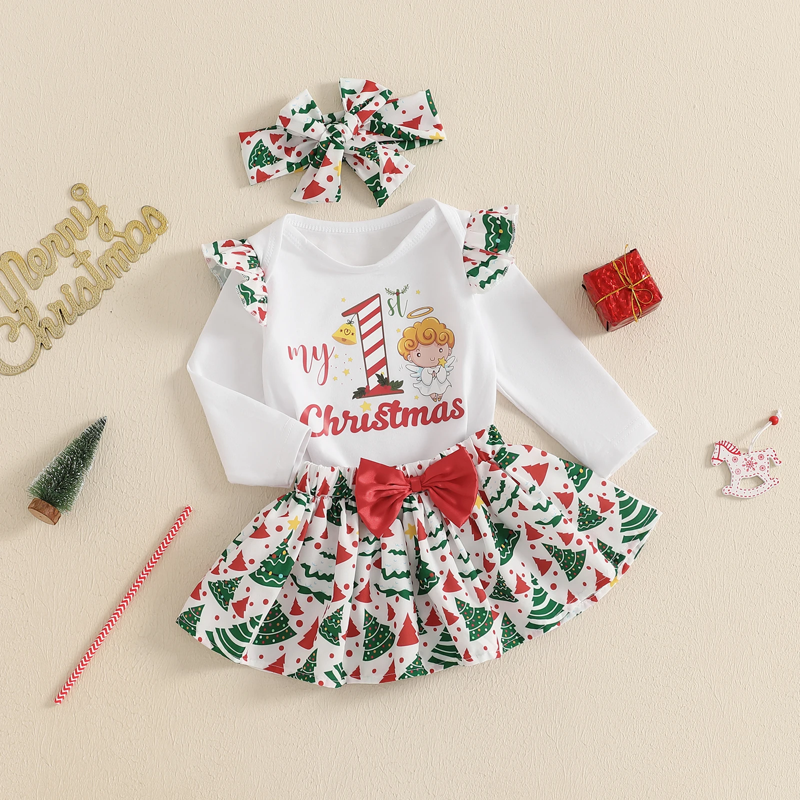 3 قطعة عيد الميلاد طفل الفتيات تنورة مجموعات وتتسابق لطيف طويلة الأكمام إلكتروني شجرة طباعة رومبير ألف خط تنورة عقال طفل رضيع مجموعات