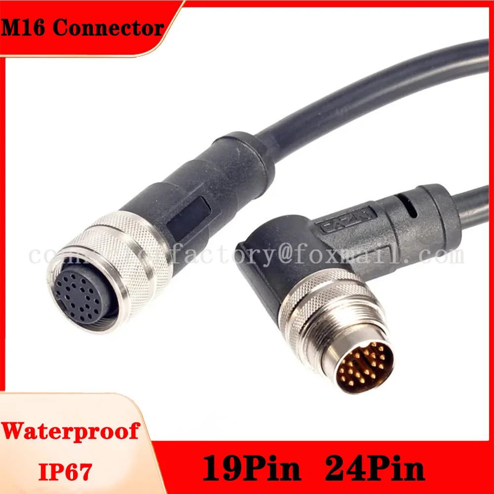 

M16 19 Pin 24 Pin core Injection Molded Straight Elbow Male Female Plug Waterproof IP67 Connector Cable Length 1m