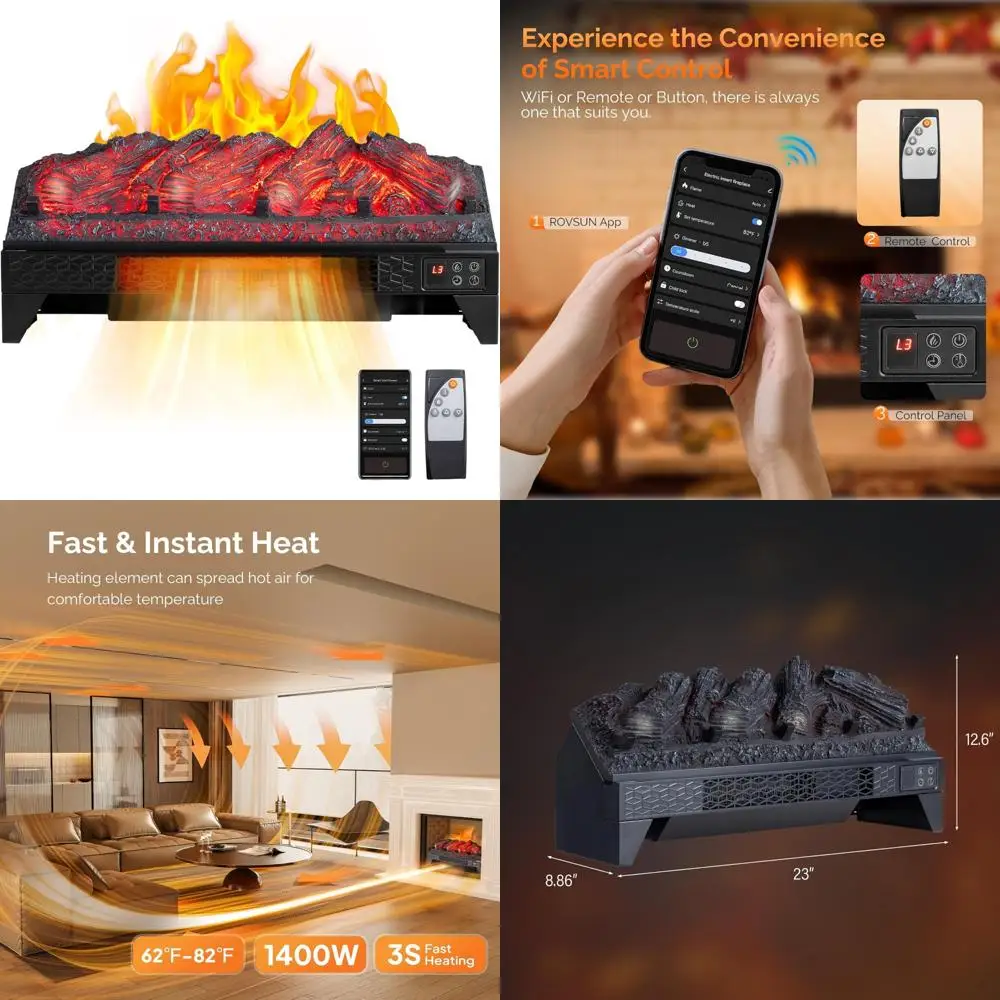 

23-дюймовая электрическая каминная вставка с дистанционным управлением и Wi-Fi, искусственными бревнами, таймером, защитой от перегрева, регулируемым пламенем, Long-la