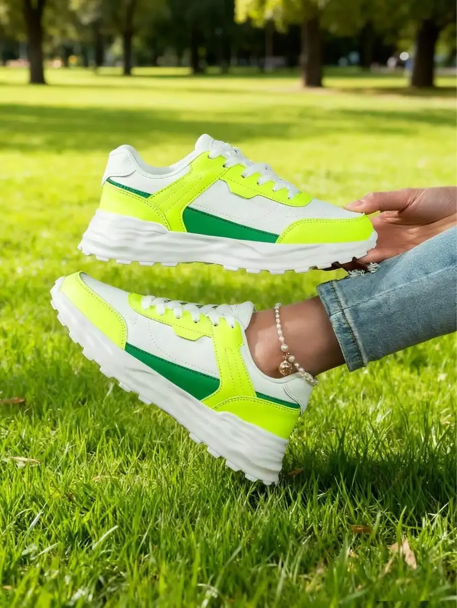 

Womens Casual Sneakers Fluorescent Green White Comfortable Breathable Walking Running Shoes