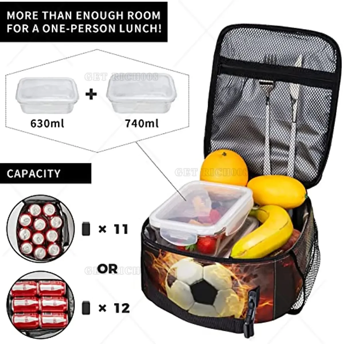 Soccer Lunch Box for Boys Girls Lunch Bag for Kids Waterproof Reusable Insulated School 3D Football Lunch Box with Side Pocket