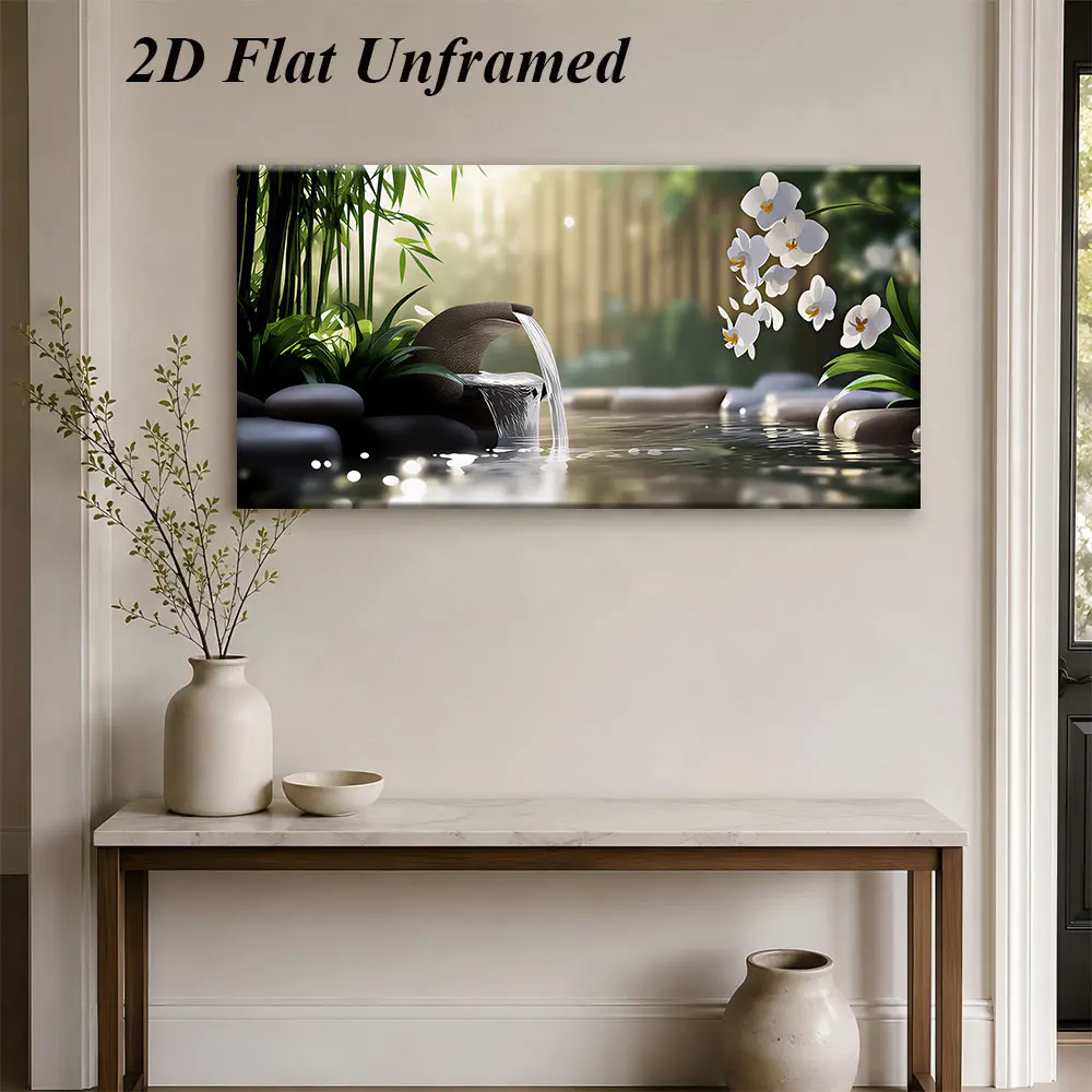 (1PC Unframe)1 modern Chinese Zen style flowing frameless decorative painting with natural water scenery, bamboo and orchid, 2D