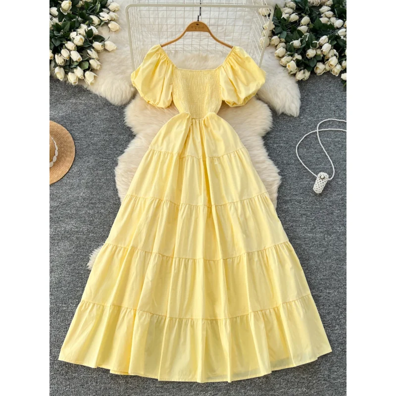 

French Sweet Style Square Neck Puff Sleeve Waist-Cinching Dress for Women Summer Gentle Wind Elegant Super Fairy Vacation Large