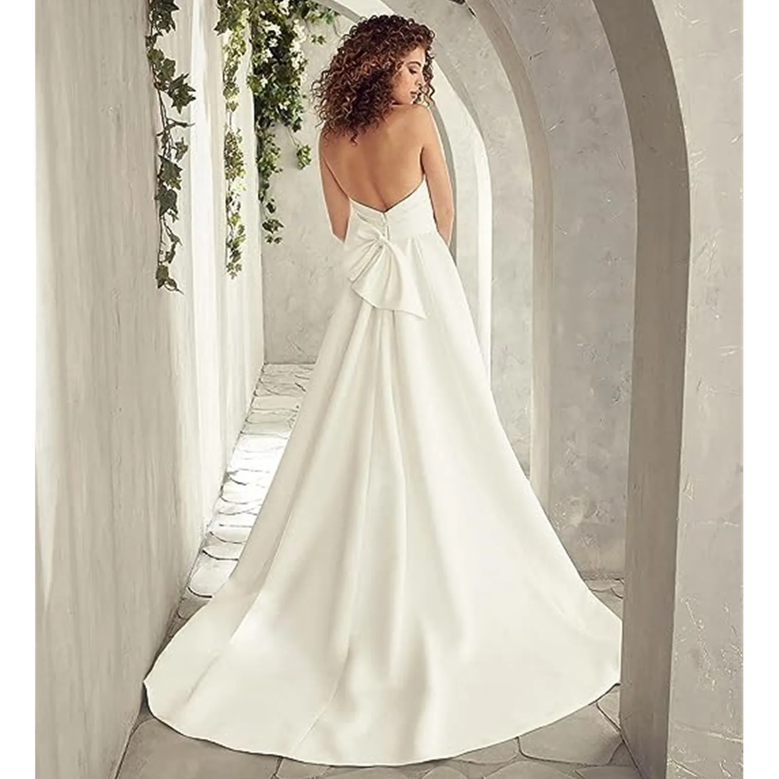 Elegant Modern Simple Sexy Plus Size A Line Wedding Dresses Sweetheart High Side Split Satin Pleats Draped Backless Sweep Train