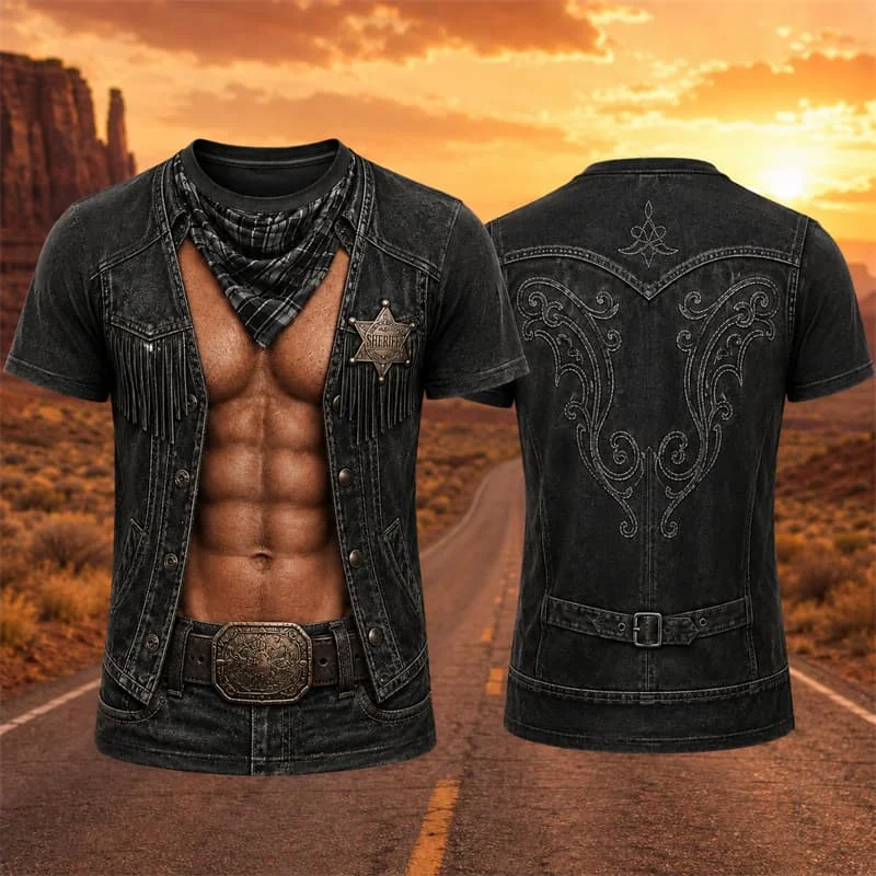Halloween Men's Funny Fake Muscle Pattern Short Sleeve T-Shirt 3D Print Fake Abs Graphic Crew Neck Casual Party Cosplay Costume