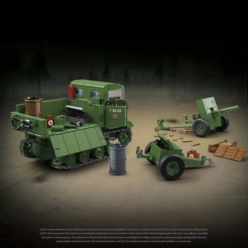 100289   Tractor de artillería STZ5 del ejército soviético, juguete de construcción para niño, modelo ensamblado, pistola antiaérea, coche blindado de la Segunda Guerra Mundial