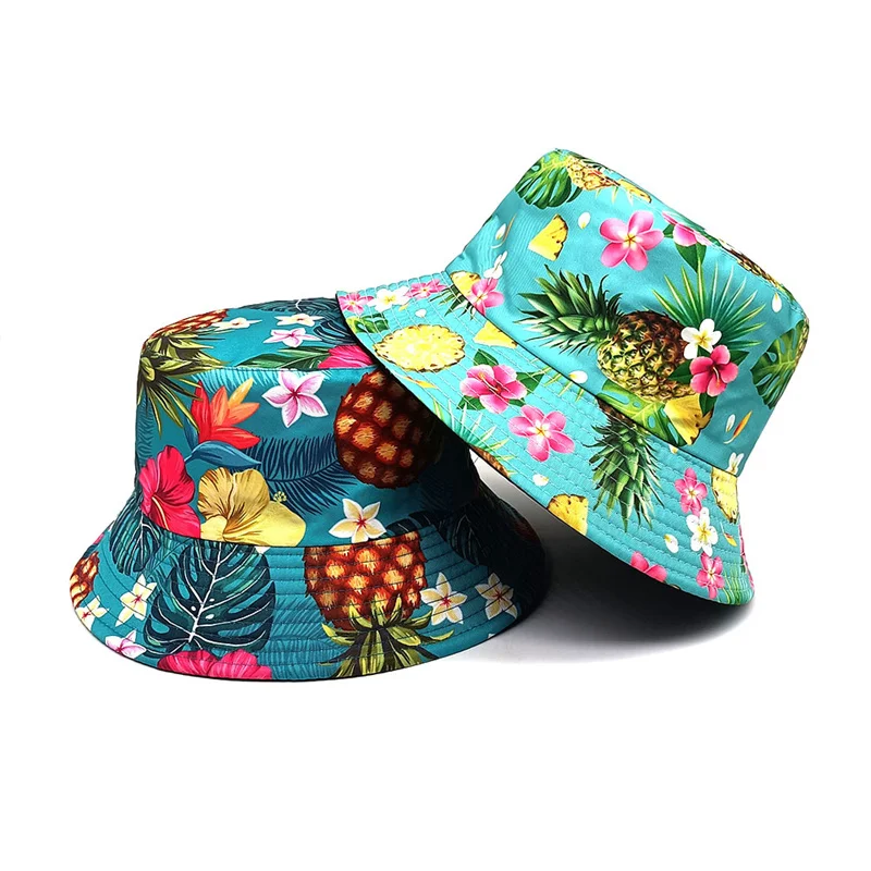 2024 Four Seasons Polyester Cartoon Pineapple Print Bucket Hat Fisherman Hat Outdoor Travel Sun Cap for Men and Women 272