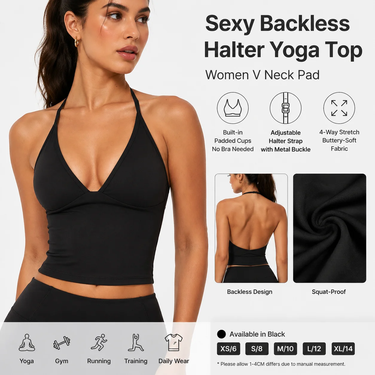 Sexy Backless Halter Yoga Top Women V Neck Padded Longline Crop Tank Built In Bra Adjustable Gym Fitness Running