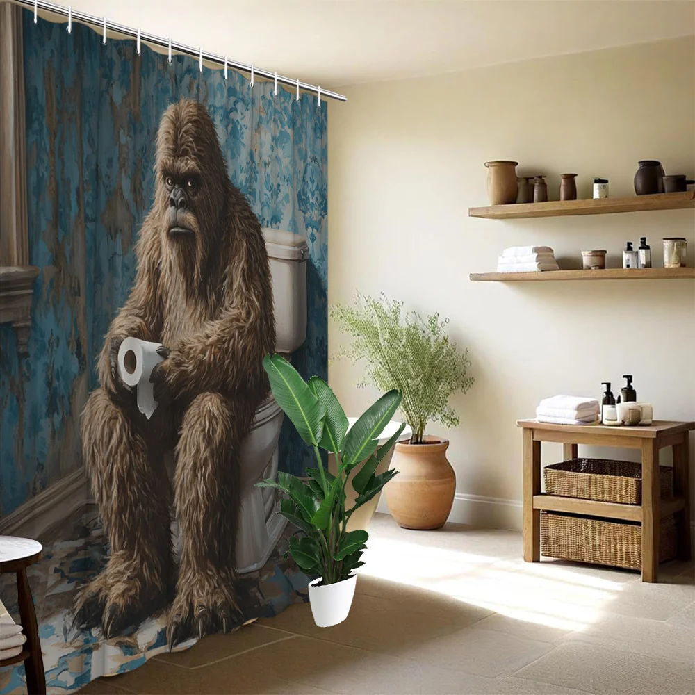 

Funny Bigfoot Sitting On Toilet Humorous Creature Print Shower Curtain For Bathroom