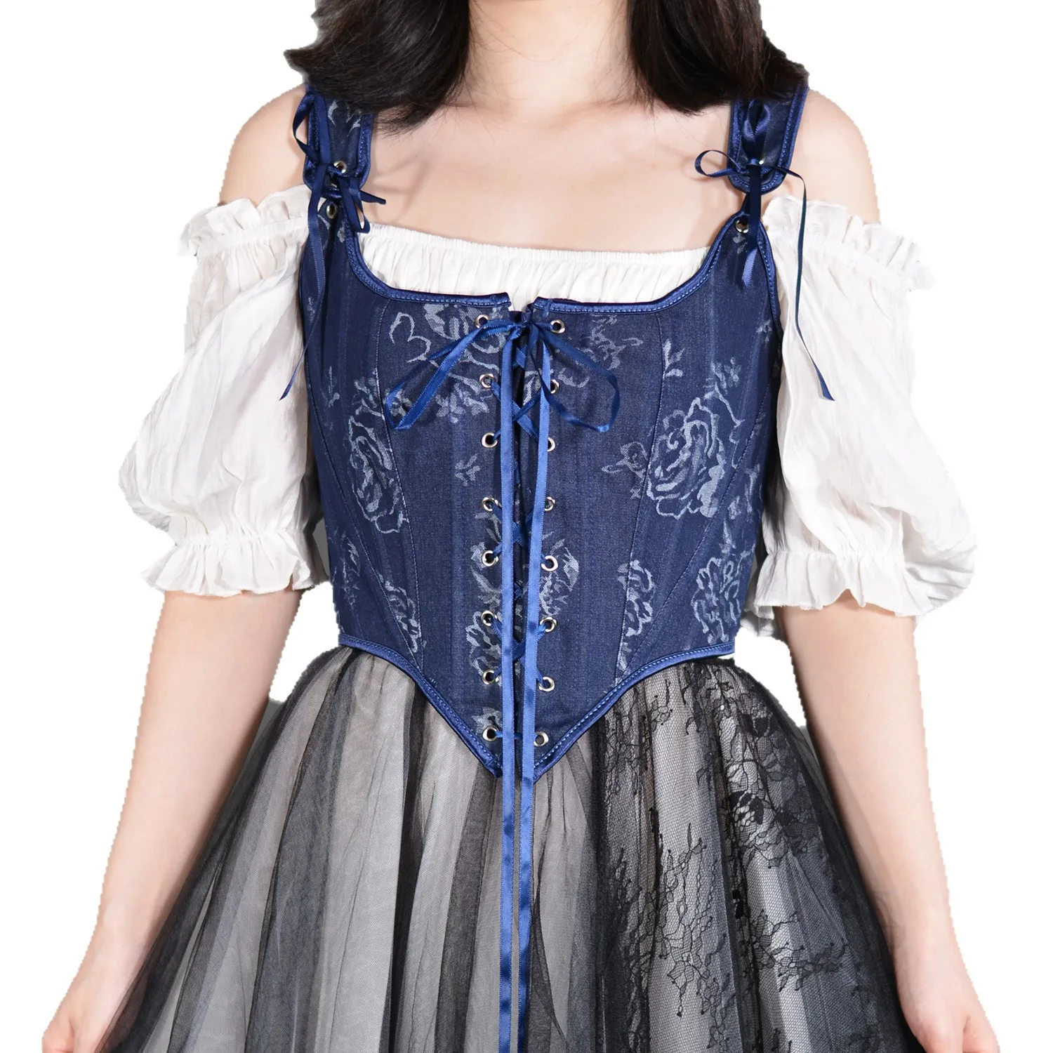 

Blue Corsets Top Elegant Women Rose Print Bustiers Medieval Overbust Victoria Vest Vintage Tie-dyed Corset Sleeveless Bodices
