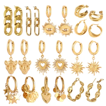 316L สแตนเลสต่างหูเรขาคณิตรอบงู Sun จี้ต่างหูทองสีวงกลม Hoop ต่างหูสําหรับผู้หญิงเครื่องประดับของขวัญ