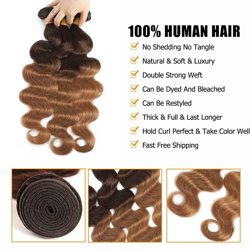 Body Wave Human Hair Bundles ปิดผมบราซิลรวมกลุ่มกับการปิดสี Ombre 3/4 ชุดพร้อม Remy